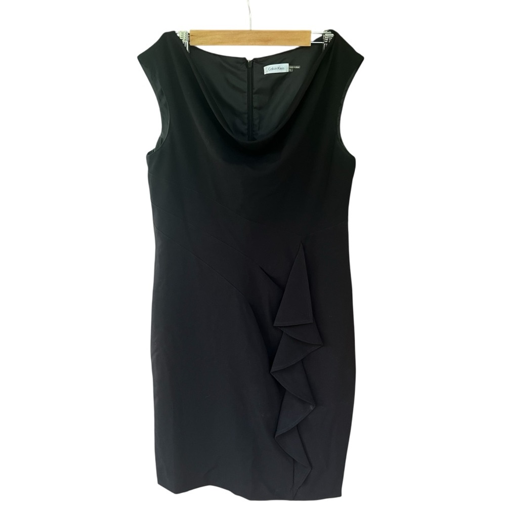 Calvin Klein Sheath Sleeveless Dress Side Ruffle Drape Neck Black Lined Size 12